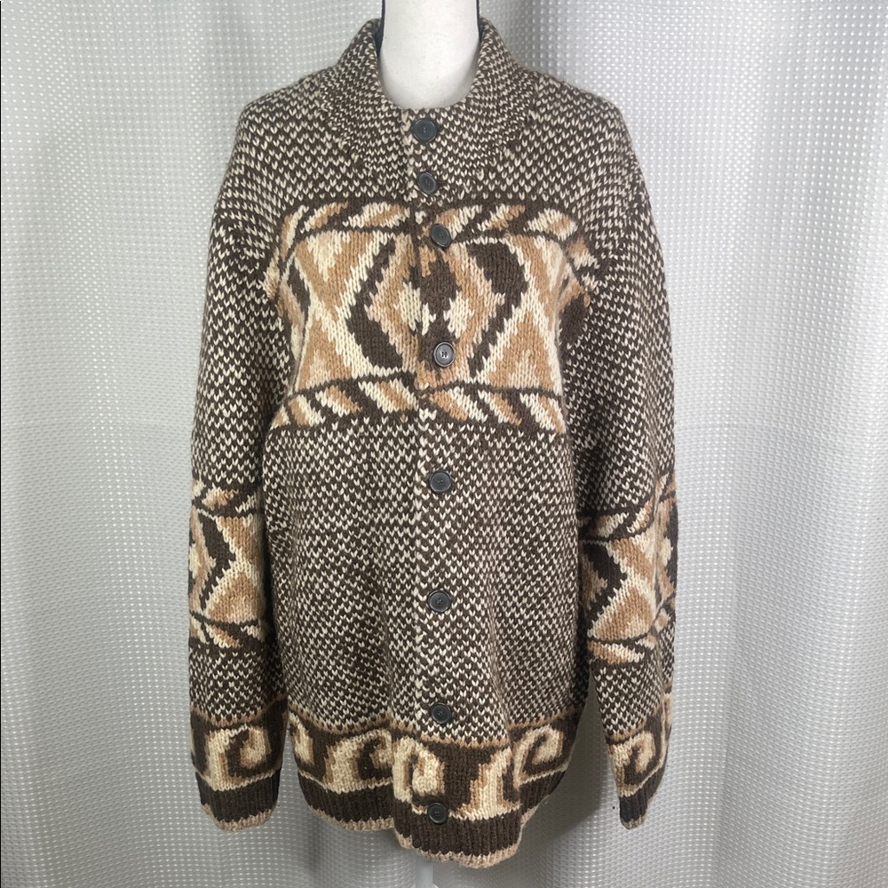 Vintage Express Handknit Cardigan Sweater Coat Wool Aztec Boho Grandpa Sz XL